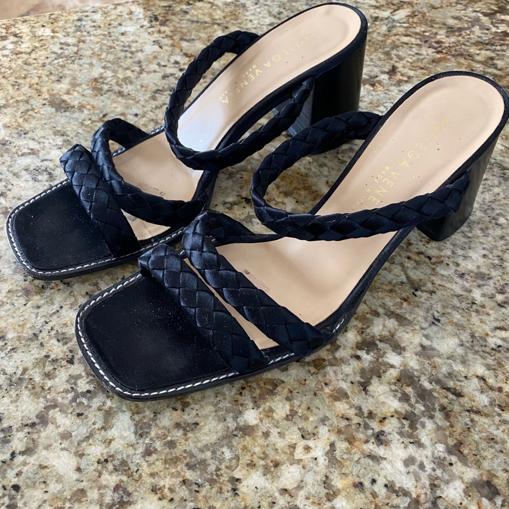 Bottega Veneta Black Braided Leather Block Heel Sandals